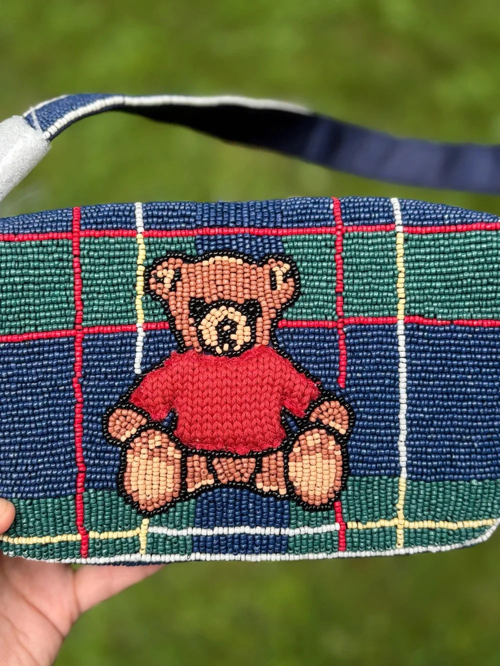 NWT: VIRAL TikTok Beaded Bag Plaid Teddy Bear in Knit Sweater. From India to You